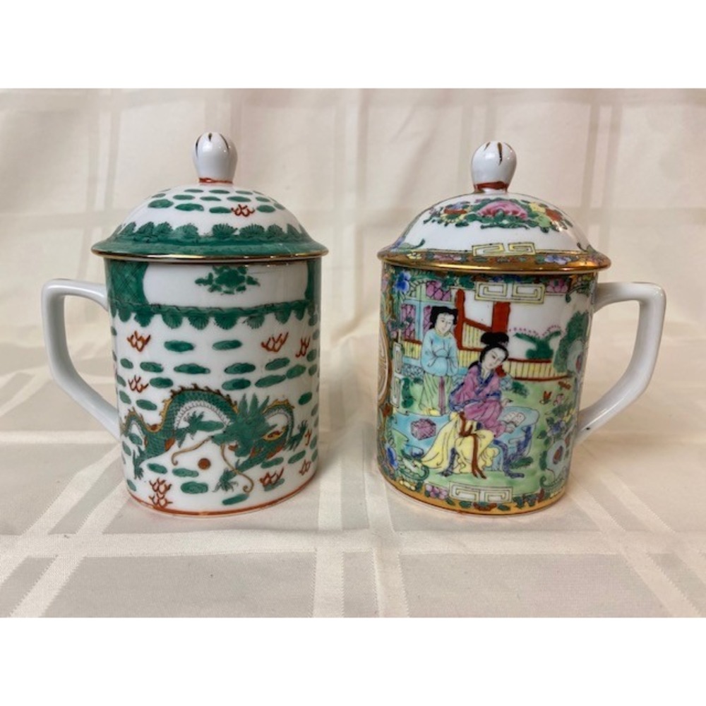 Vintage Chinese Porcelain Lidded Tea Mugs Dragon & Famille Rose Set of 2